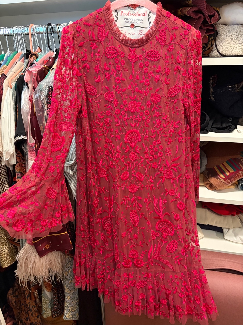 Needle & Thread Hot Pink Floral Embroidered Long Sleeve Dress